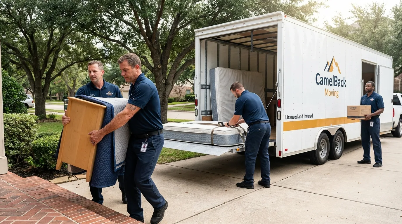 Crew loading residential truck for cross-state move from Tahoka, TX