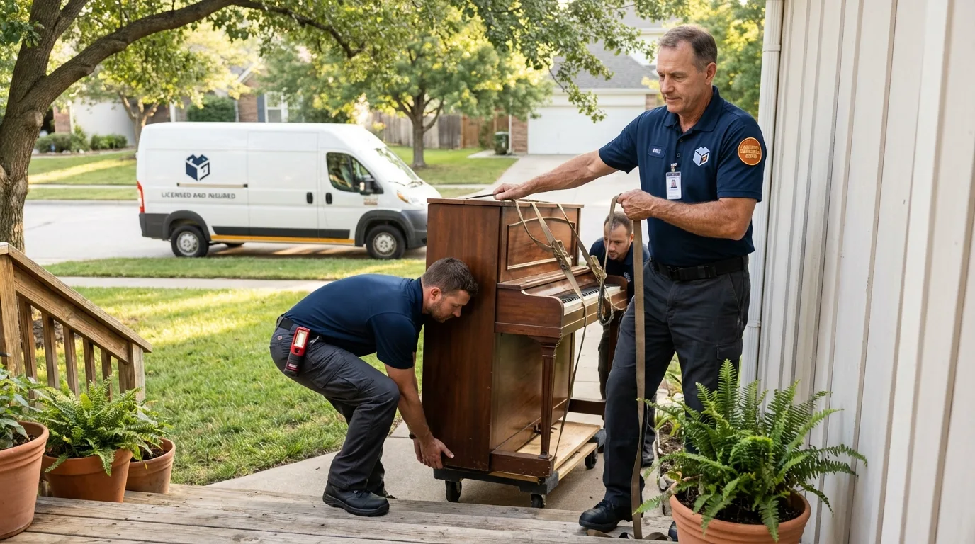 Licensed piano movers securing grand piano in Tahoka, TX