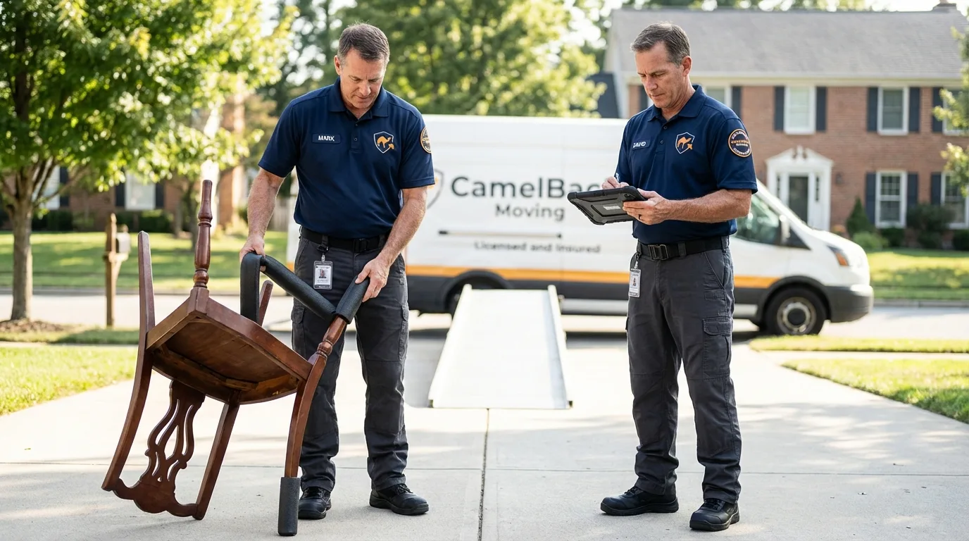 Movers inspecting furniture for damage prevention before loading in Tahoka, TX