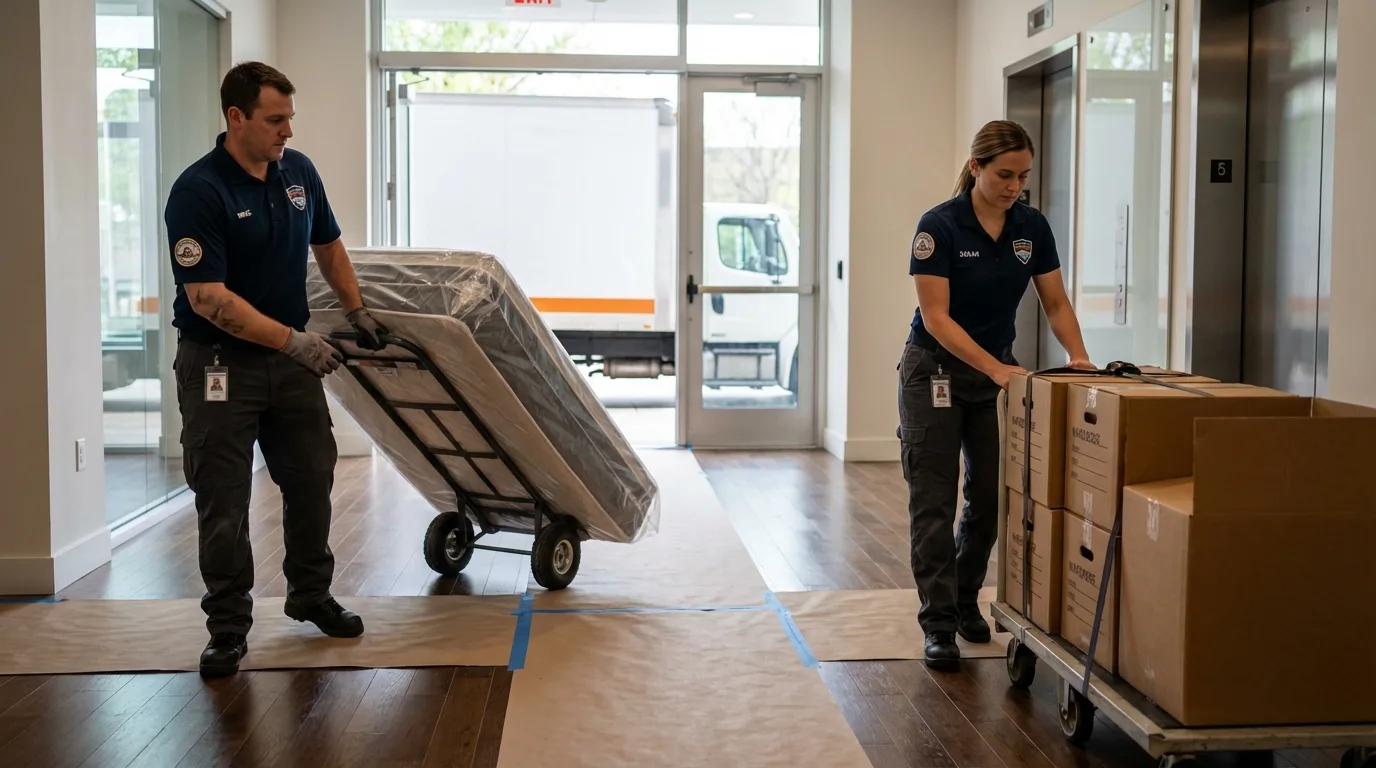 Professional apartment movers loading elevator in Tahoka, TX