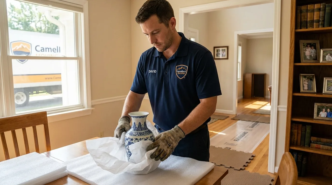 Professional crew carefully wrapping antique vase for senior downsizing move in Tahoka, TX